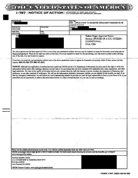 Marriage-based green card approved