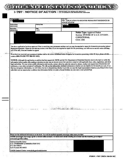 Marriage-based green card approved